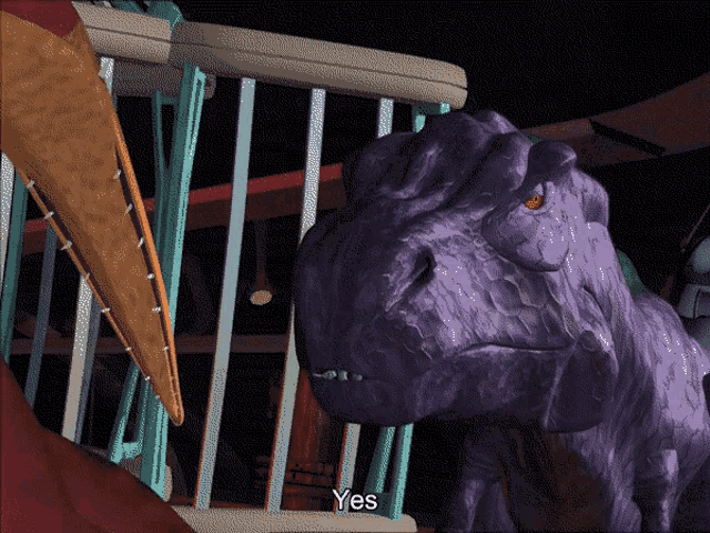 a purple dinosaur in a cage with the word yes written below it