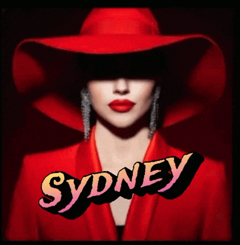 a woman wearing a red hat with the word sydney written on it