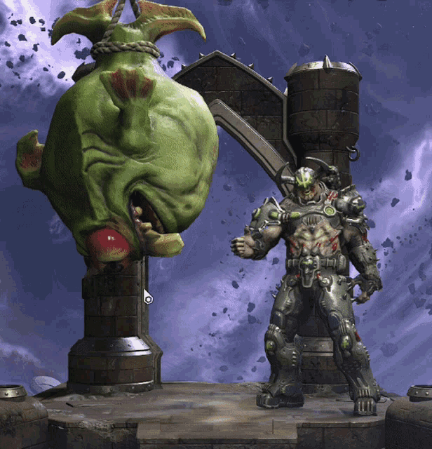 a video game character is standing next to a monster with a sword