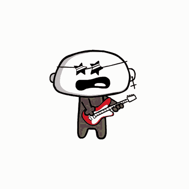 a cartoon character is holding a guitar with a cross on his head