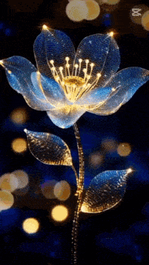 a blue flower with glowing petals and leaves on a dark blue background .