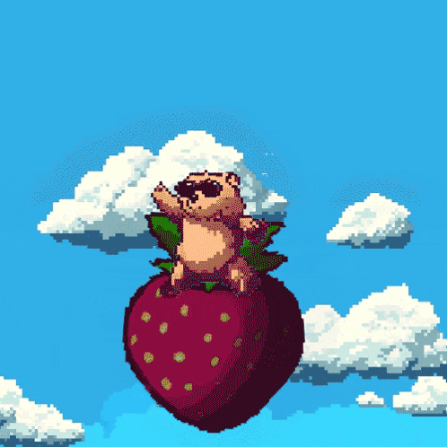 a pixel art of a bear standing on a strawberry