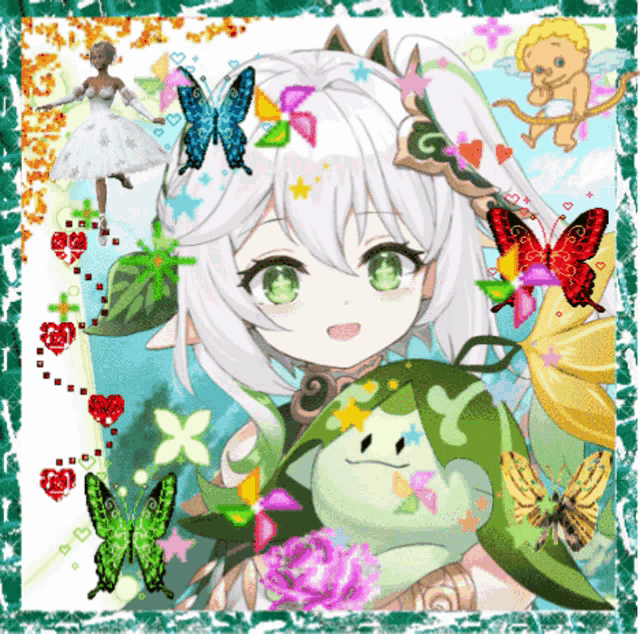 a girl with white hair and green eyes is surrounded by flowers and butterflies