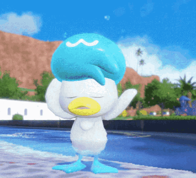 a cartoon duck with a blue headband on his head