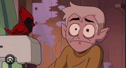 a cartoon of a man with a bird on his head