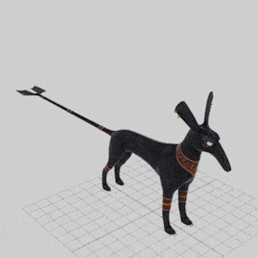 a 3d model of a black dog with a long tail and a collar that says ' egyptian ' on it