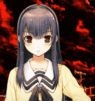 a girl with long black hair is wearing a yellow sweater and a black bow