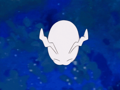a cartoon character is flying through the air with a blue background behind it .