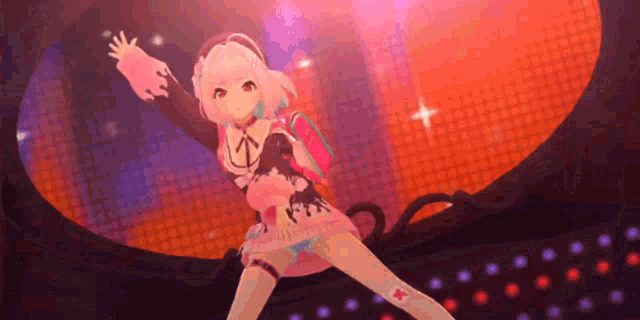 a 3d anime girl is dancing on a stage in a video game .
