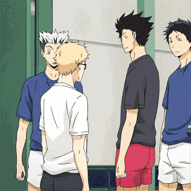 a group of anime characters are standing next to each other and talking