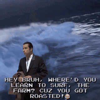 a man in a suit stands in front of a large wave and says hey bruh where d you learn to surf
