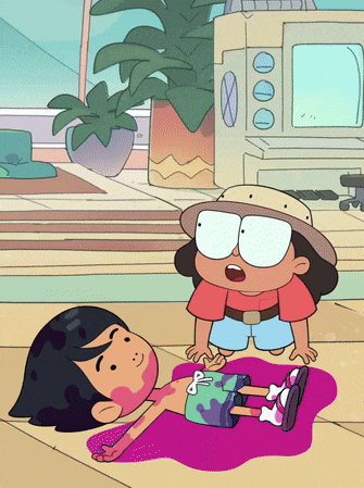 a cartoon of a boy laying on the floor with a girl standing next to him