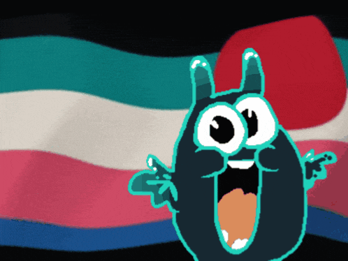a cartoon character is standing in front of a colorful flag