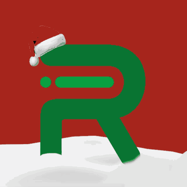 green letter r with a santa hat on top of it