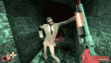 a video game shows a man in a suit holding a gun