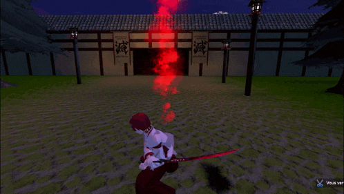 a person in a video game is standing in front of a building with chinese characters on the side