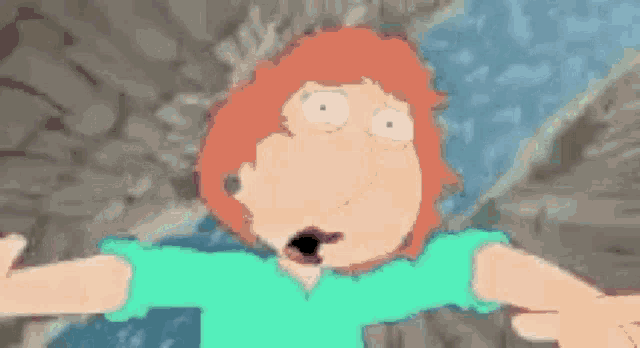 a cartoon character with red hair and a green shirt is standing in front of a river .