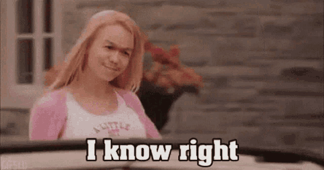 a woman is sitting in a car with the words `` i know right '' written on the screen .