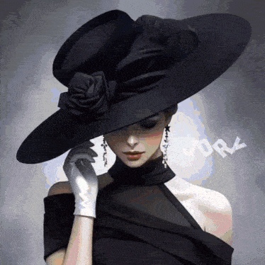 a painting of a woman wearing a black hat and white gloves has the word jorz on the bottom right