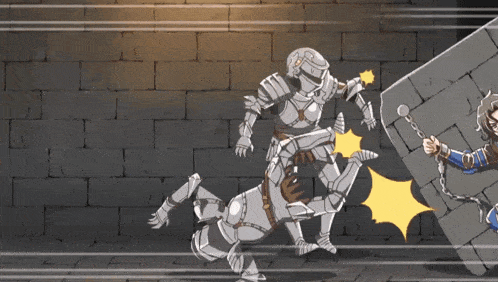 a cartoon drawing of a knight fighting a demon