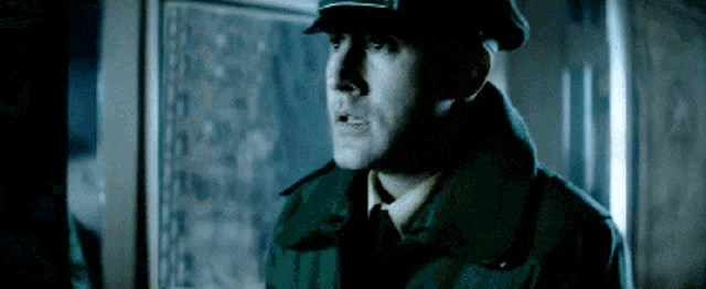 a man wearing a hat and a green jacket stands in front of a window
