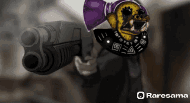 a person holding a gun with the word raresama on the bottom