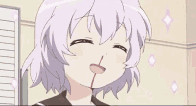 a cartoon girl with white hair is licking her lips with a toothpick .
