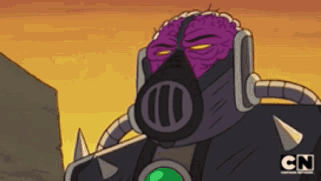 a cartoon character is wearing a gas mask with cn written on the bottom