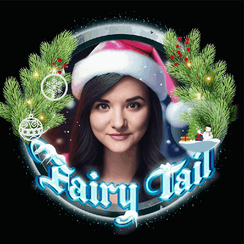 a woman in a santa hat is surrounded by christmas decorations and the words fairy tail