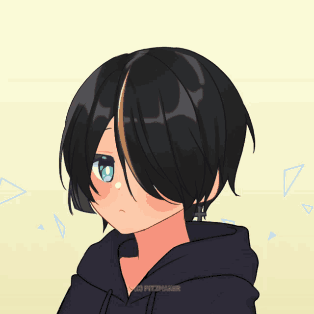 a drawing of a girl with black hair and blue eyes has the watermark pitzmaker on the bottom right