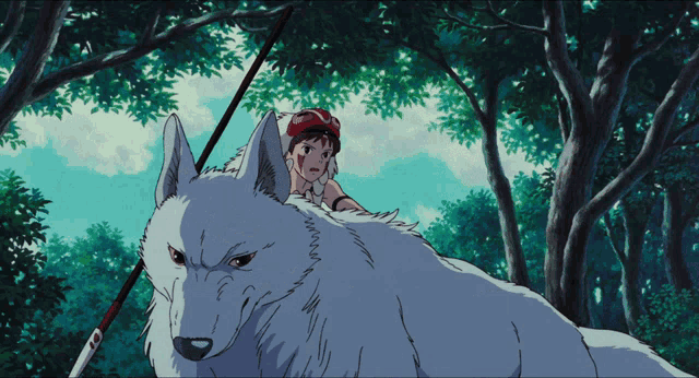 a girl riding on the back of a white wolf in a forest