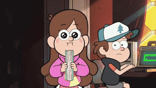 a cartoon of a girl holding a book next to a boy wearing a blue hat with a pine tree on it