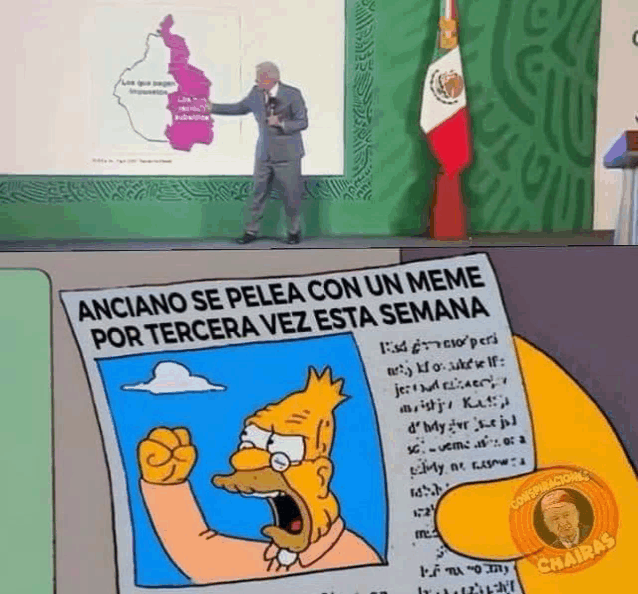 a cartoon of a man holding a microphone next to a newspaper that says anciano se pelea con un meme
