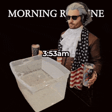 a man in a costume is pouring liquid into a plastic container with the time 3:53am