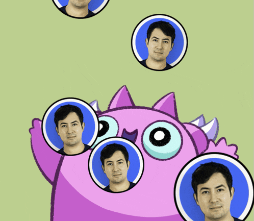 a cartoon drawing of a purple monster with many faces of men in blue circles around it