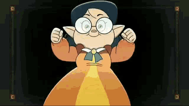 a cartoon character wearing glasses and a hat is standing in front of a black screen .