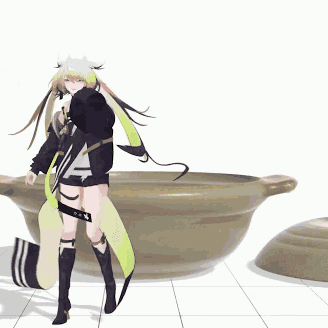 a cartoon character with a green ribbon around her neck