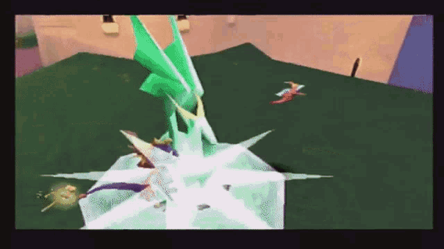 a video game is being played with a green and white dragon