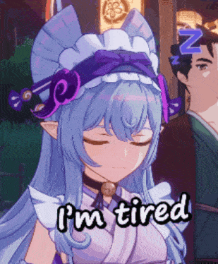 a girl with blue hair and a purple bow on her head is tired