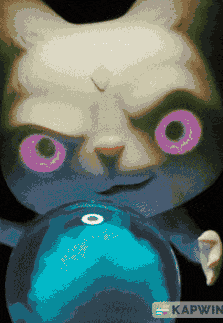 a pixel art of a cat with pink eyes and the word kapwin on the bottom right
