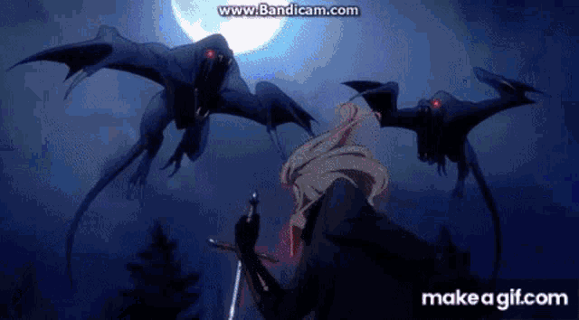 a man with a sword is standing in front of a group of monsters flying in the sky .