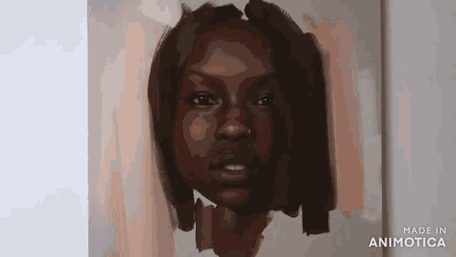 a close up of a painting of a woman 's face on a white background .