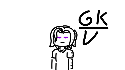 a black and white drawing of a person with purple eyes and the word gk below it .