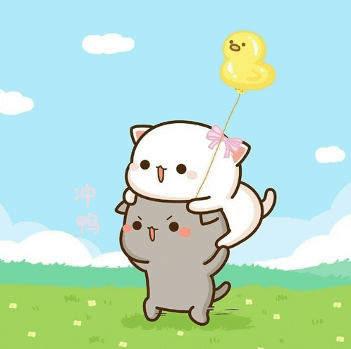 a cartoon cat carrying another cat on its back while holding a yellow duck balloon