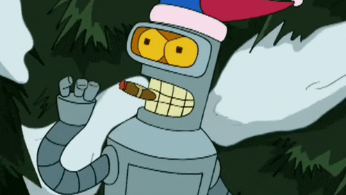 a cartoon of a robot wearing a santa hat smoking a cigar