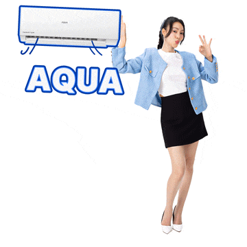 a woman in a blue jacket is holding up an air conditioner in front of a sign that says aqua bao tu chieu