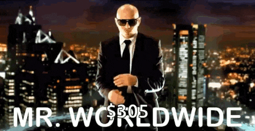 a man in a suit and tie is standing in front of a city skyline and the words mr. world wide
