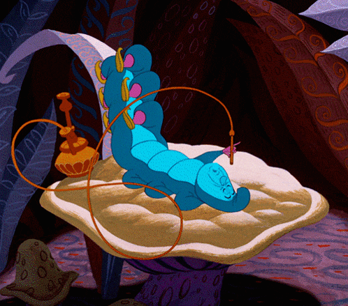 a blue caterpillar from alice in wonderland laying on a mushroom