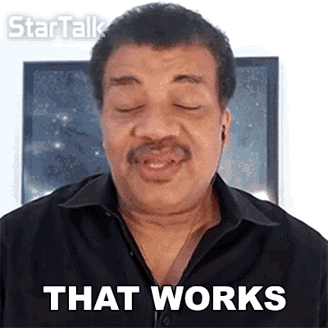 a man with a mustache is making a funny face with the words that works below him