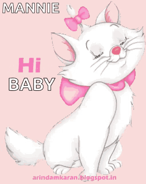a white cat with a pink bow around its neck and the words morning baby